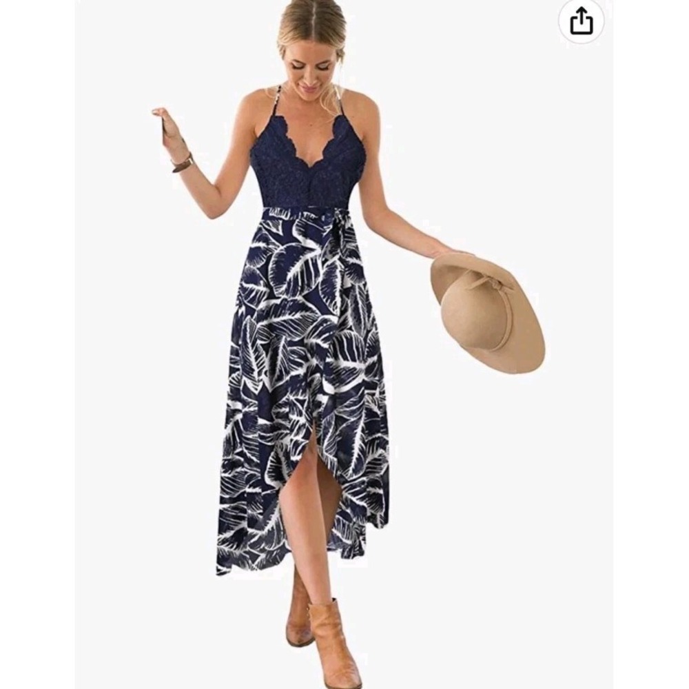 Blooming Jelly Women's V-Neck Asymmetrical Floral Maxi Blue White Sundress Sz L